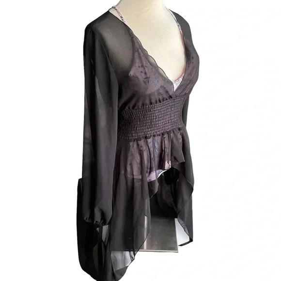 Black Asymmetrical Deep-V Sheer Swim Coverup Dress with Elastic Waist- Medium - Picture 4 of 10